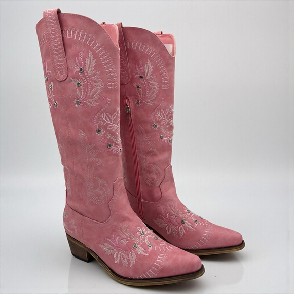 Unbranded Shoes - Wide Calf Pink Embroidered Rhinestone Cowboy Boots Knee High Snip Toe 8.5 NWB
